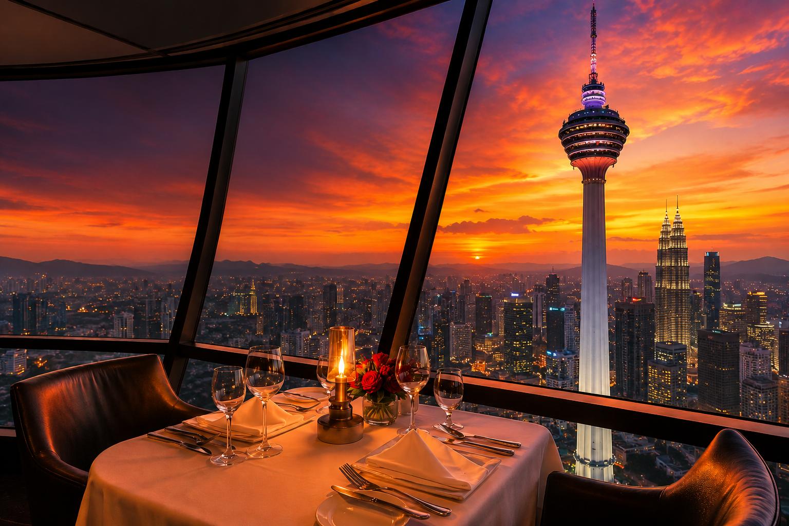 Sonnenuntergangsessen im Kuala Lumpur Tower w&auml;hrend der Malaysia-Singlereise