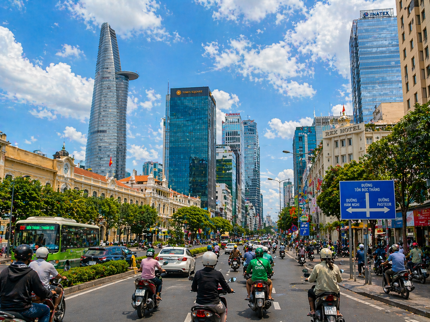 Stra&szlig;en von Saigon mit moderner Skyline und regionalem Alltag